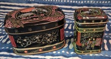 2 x Vintage Tin Tea Caddy Glorious Cranes Japanese Chinese scenes