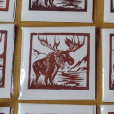 Linocut art print handmade greeting card brown moose horns Scandinavia elk fiord