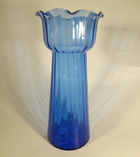 Vintage Hyacinth Bulb Vase, Ribbed Blue Glass, 19.5cm