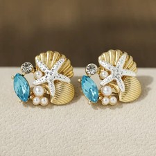 18K Gold Plated Starfish Shell Huggie Earrings With Faux Pearls Crystals