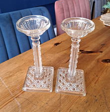 Antique Vintage Clear Pressed Glass Tall Candle Stick Holders 21.5cm Tall
