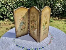 Small Antique Leather Hand Painted Miniature Folding Table Screen. Victorian