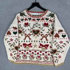 Vintage Christmas Knit Sweater Knit Women's Medium 90s Hearts Hand Knit