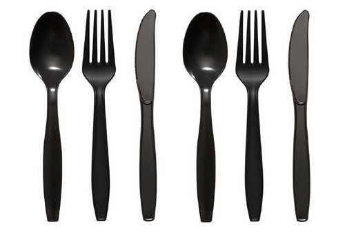 Plastic cutlery set black - set,