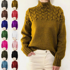 Ladies Roll Neck Warm Sweater Womens Chunky Cable Knitted Jumper Pullover Tops