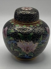 Vintage Cloisonné Ginger Jar Metal & Enamel In Black, Pink & Green Floral 3”