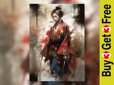 Warrior Elegance: Japanese Samurai Woman Watercolor Painting Print  5"x7"
