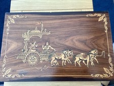 Vintage Indian Rosewood Inlaid Marquetry Krishna & Arjuna Hindu Chariot Panel