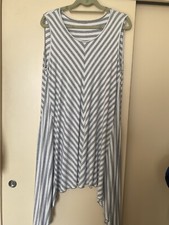 YONG KIM MODAL GREY/WHITE STRIPE SLEEVELESS ASYMETRICAL HEM LONG TUNIC, BUST 37"