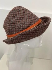 Retro Orange Blue Brown Wool Trilby Fedora Floral Pattern Hat 56cm Boho Hippy