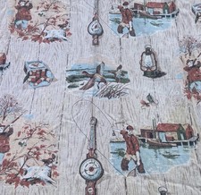 VINTAGE FABRIC 50s BARK CLOTH HUNTING SCENE CURTAINS 100 CM x 120 CM FISHING