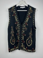 Vintage Claudia D. 1996 Black Beaded Embroidered Knit Waistcoat Vest L 12/14