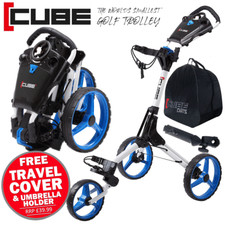 SKYMAX CUBE COMPACT 3 WHEELED GOLF TROLLEY / WHITE - BLUE +FREE £39.99 GIFT PACK