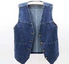 Shirt Waistcoat Women Denim Vest Tops Gilet Pocket Sleeveless Casual Biker