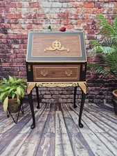 Refinished Vintage Walnut Writing Bureau Desk Hand Painted Black/ Gold Detailing