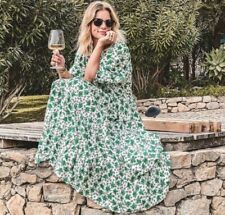 ZARA WHITE GREEN FLORAL PUFF SLEEVE VOLUMINOUS TIERED MAXI DRESS SIZE M L 12 14