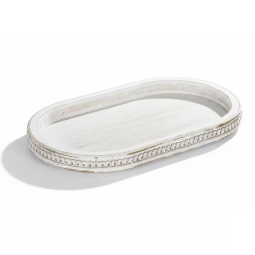 White beaded wood - white, oval