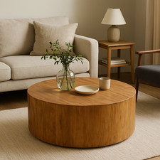 Solid Acacia Wood Round Coffee Table – Natural Finish Modern Living Room