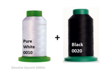 ISACORD MACHINE EMBROIDERY THREAD 1000M COMBO BLACK 0020, PURE BRIGHT WHITE 0010