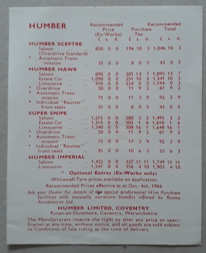 Humber range price - price, list