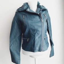 Red Herring Size 8 Biker Jacket Faux Leather Fur Collar Teal Green