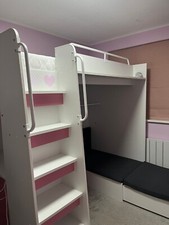 Pink White Girl cabin bed High sleeper with desk chair storage and bed plus sofa