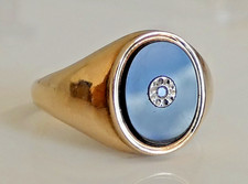 VINTAGE HALLMARKED 9ct GOLD OVAL BLACK ONYX & DIAMOND SIGNET RING