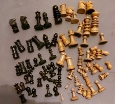 Various sized odd Antique Wooden Chess Pieces : 74 in total