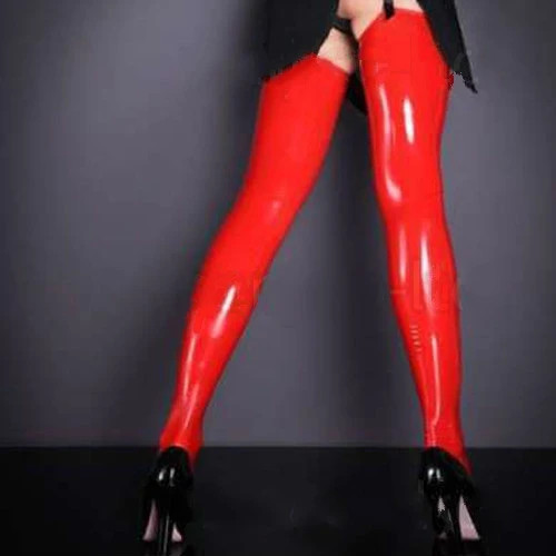Red latex thigh high stockings - thigh,