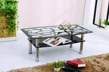 Pattern Design Black Tempered Glass Coffee Table Oval & Rectangular Chrome Frame