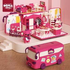 Foldable Barbie Doll Toy RV Mini Doll House Versatile Travel Bus Toy House