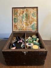 Vintage Solid Wood Sewing Box And Contents With Lift Out Tray With Carry Handle