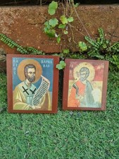 2 X Vintage Style Greek Russian Orthodox Handmade Icons Wooden Backed Wall Hang