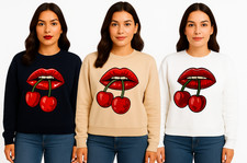 Womens Ladies Cherry Lips Slogan Oversized Sweatshirt Jumper Top
