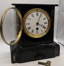 Elegant Black & Brown Slate Marble Mantle Clock Antique With Key