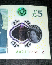 AA24 176612 LOW NUMBER NEW POLYMER £5 FIVE POUND NOTE  BANK OF ENGLAND