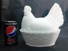 Large Vintage White Milk Glass Hen on a Nest Egg Storage Weave Basket