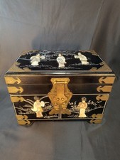 Vintage Chinese Chinoiserie Jewelry Box Jade Figures Black Gold w/ Locks & Key