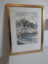 SALZBURG AUSTRIA SCENIC COLOURED SKETCH DRAWING FRAMED AND SIGNED BY ARTIST R.H