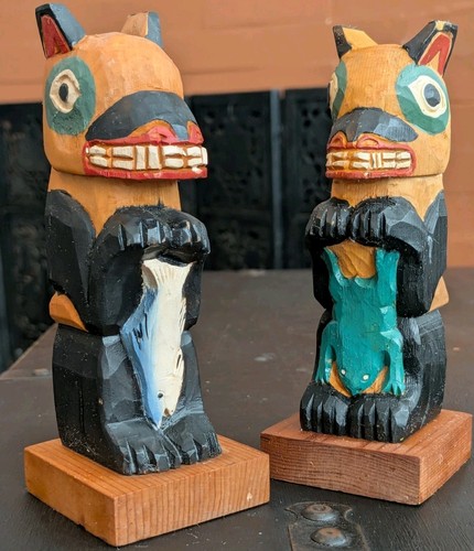 Pair vtg alaska hand carved - of,