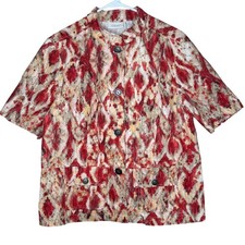 Chicos Size 2 Linen Blend Short Sleeve Blazer Jacket Abstract Print Red Beige