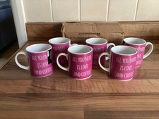 Set of 6 KilnCraft Espresso Demi Tasse Cups Pink All You Need Is Love & Coffee