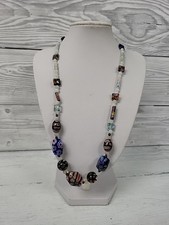 Colourful Flower Patterned Glass Beaded Necklace. Silver Catch. PD