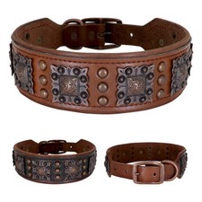 Retro Wide Real Leather Dog Collar w/Studs Heavy Duty for Large Pets Rottweiler