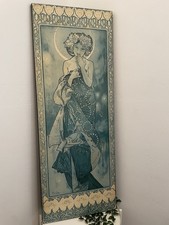 Large Art Nouveau 70s Mucha Print on Wood Athena Panel Lithograph Tall Parisian