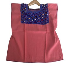 Mexican Embroidered Huipil Maya Top Organic Cotton Manta Pink & Blue- One Size X