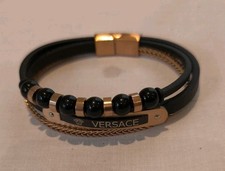 Versace Black Leather and Gold Chain Luxury Bracelet 