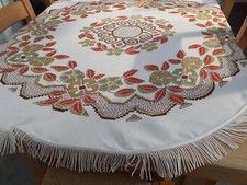 Beautiful Vintage 1950 Large Round Tablecloth Tassle Edged Design 134cm Diameter