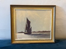 Vintage oil painting on board of Thames Barge on the Deben by Ian Harrison 