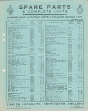 Humber 18HP & 25/70 1936 Lucas Spare Parts List Single Sheet NOT ILLUSTRATED